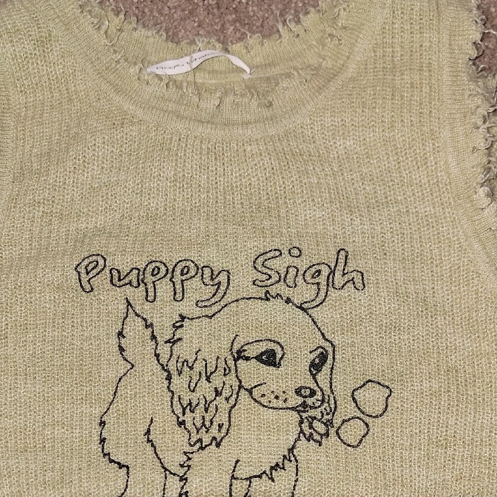 Distressed, Frayed Edge Puppy Sigh Greenish- Yellow Tank Top - Picture 9 of 9